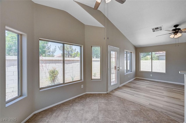 8028 Hurricane Cove Ct, Las Vegas, NV 89129 - interior space featuring high vaulted ceiling, baseboards, a ceiling fan, and visible vents