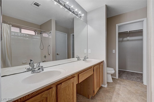 8028 Hurricane Cove Ct, Las Vegas, NV 89129 - bathroom with a sink, curtained shower, double vanity, and toilet