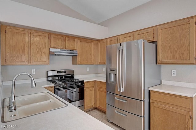 8028 Hurricane Cove Ct, Las Vegas, NV 89129 - kitchen featuring under cabinet range hood, stainless steel fridge with ice dispenser, light countertops, a sink, and gas stove