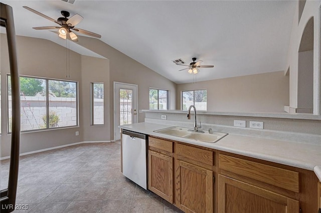8028 Hurricane Cove Ct, Las Vegas, NV 89129 - kitchen featuring a ceiling fan, a sink, stainless steel dishwasher, and a healthy amount of sunlight