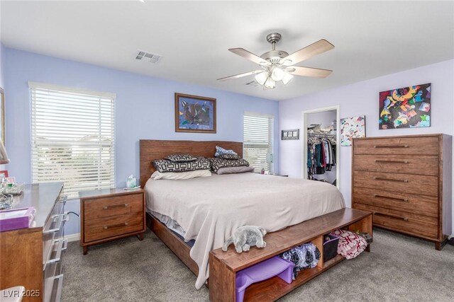 carpeted bedroom with a spacious closet, visible vents, a closet, baseboards, and ceiling fan