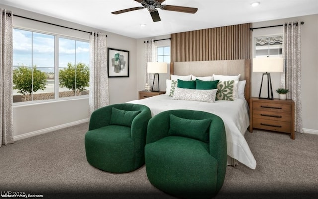 carpeted bedroom with recessed lighting, a ceiling fan, and baseboards