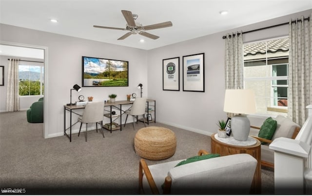 carpeted living room with recessed lighting, baseboards, and ceiling fan