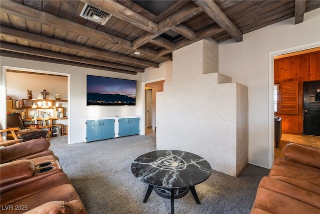 650 Arizona St, Boulder City, NV 89005 - living room featuring carpet floors, visible vents, and wood ceiling