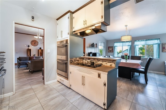650 Arizona St, Boulder City, NV 89005 - kitchen featuring stainless steel double oven, baseboards, decorative backsplash, black electric stovetop, and a peninsula