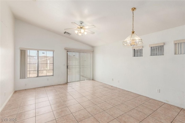 unfurnished room featuring ceiling fan, lofted ceiling, light tile patterned flooring, and visible vents