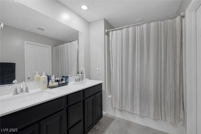 6247 Milford Sound St, Las Vegas, NV 89148 - bathroom featuring shower / bath combination with curtain, double vanity, and tile patterned flooring