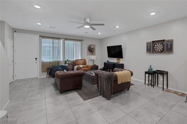 6247 Milford Sound St, Las Vegas, NV 89148 - living room with ceiling fan, light tile patterned floors, recessed lighting, and baseboards
