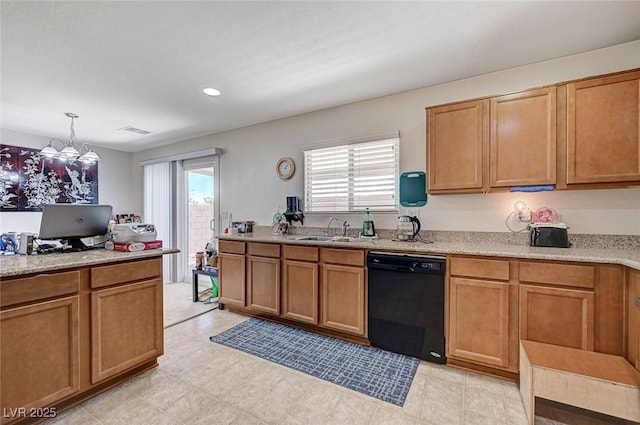 8783 Halcon Ave, Las Vegas, NV 89148 - kitchen with light countertops, a sink, brown cabinets, dishwasher, and hanging light fixtures