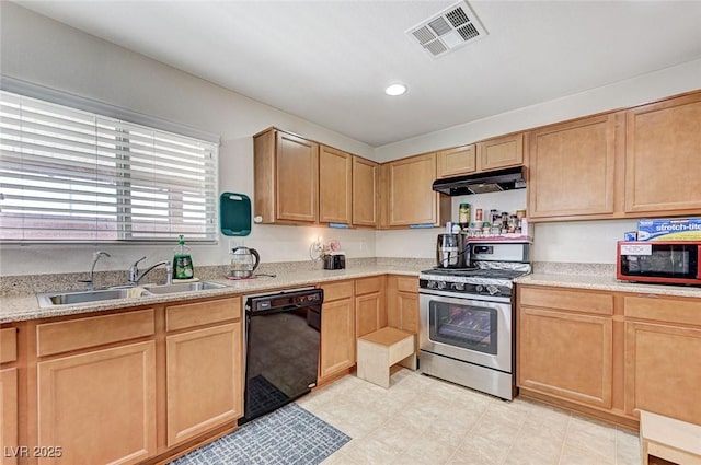 8783 Halcon Ave, Las Vegas, NV 89148 - kitchen featuring a sink, visible vents, black dishwasher, light countertops, and stainless steel gas range oven