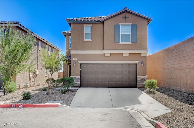 8783 Halcon Ave, Las Vegas, NV 89148 - traditional home featuring a tiled roof, driveway, stone siding, an attached garage, and stucco siding