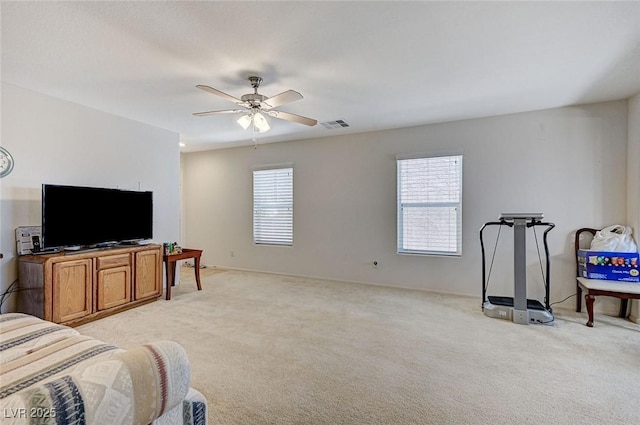 8783 Halcon Ave, Las Vegas, NV 89148 - bedroom with visible vents, light colored carpet, and ceiling fan