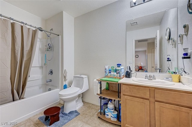8783 Halcon Ave, Las Vegas, NV 89148 - bathroom featuring tile patterned flooring, visible vents, toilet, vanity, and shower / bath combo with shower curtain