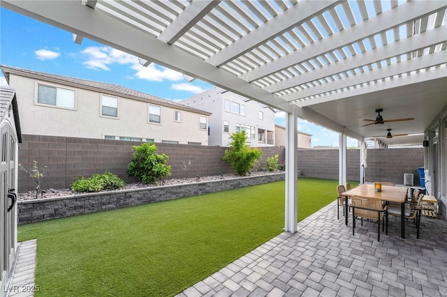 7307 Grace Estate Ave, Las Vegas, NV 89113 - view of patio with a fenced backyard, a pergola, a ceiling fan, and outdoor dining space
