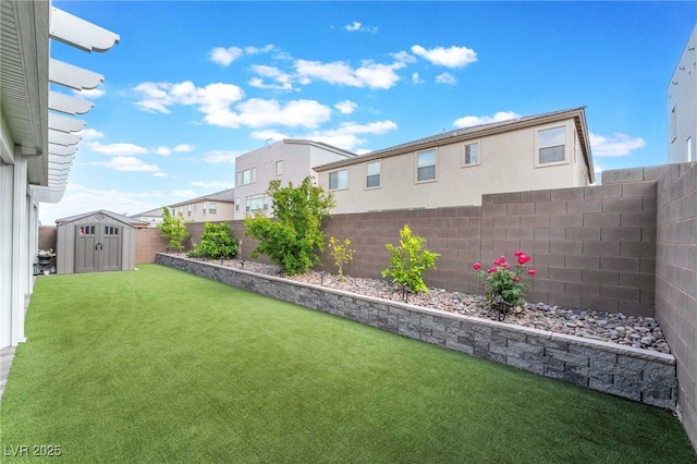 7307 Grace Estate Ave, Las Vegas, NV 89113 - view of yard featuring a storage unit, an outbuilding, and a fenced backyard
