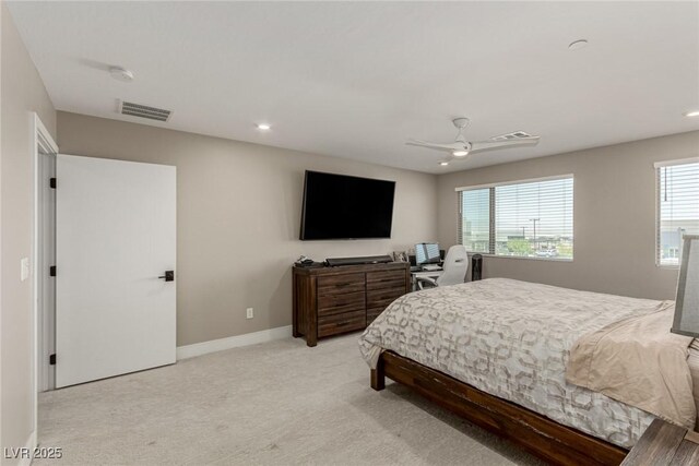 3208 Lumassina Way, Henderson, NV 89044 - bedroom featuring light colored carpet, baseboards, visible vents, and recessed lighting