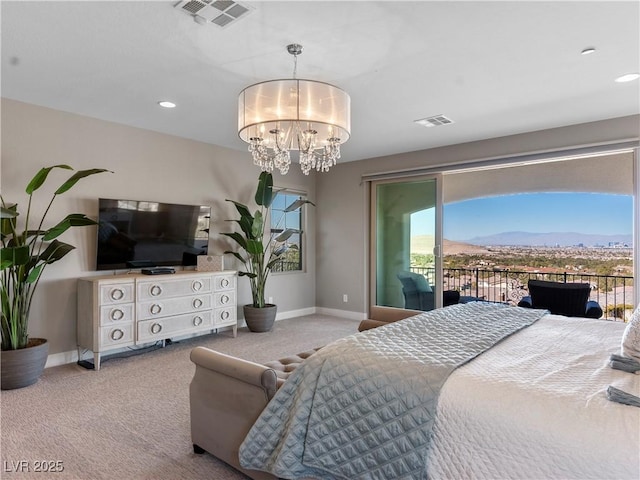 26 Olympia Outlook Dr, Las Vegas, NV 89141 - carpeted bedroom featuring a notable chandelier, visible vents, baseboards, and access to outside