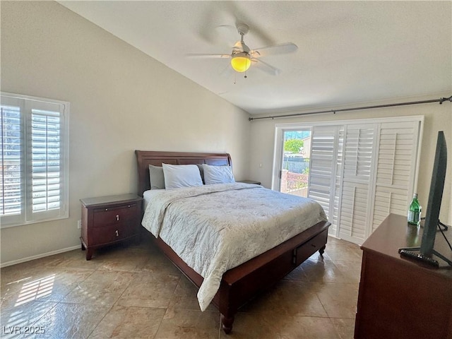 1105 Enderly Ln, Las Vegas, NV 89144 - bedroom with lofted ceiling, access to exterior, baseboards, and ceiling fan