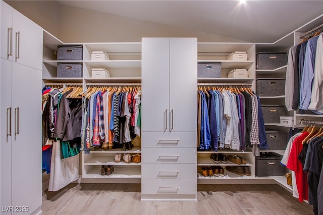 walk in closet with vaulted ceiling and wood finished floors