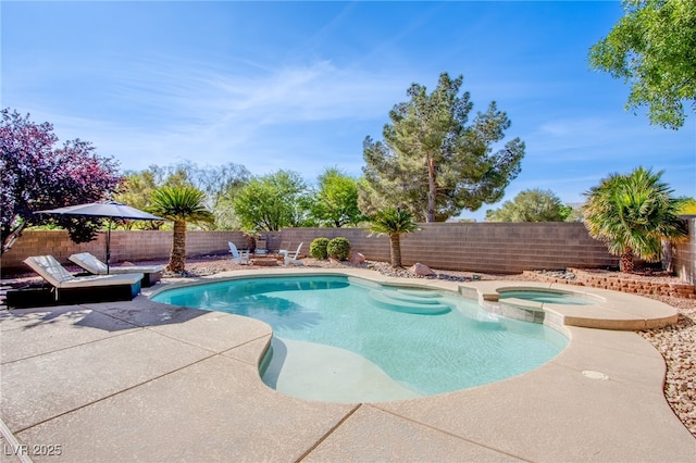 view of pool with a patio, a pool with connected hot tub, and a fenced backyard