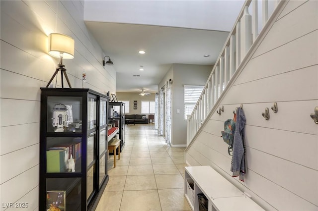 interior space with recessed lighting, stairs, light tile patterned flooring, and visible vents