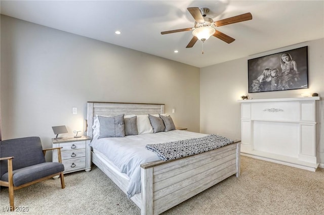 bedroom featuring carpet floors, recessed lighting, and a ceiling fan