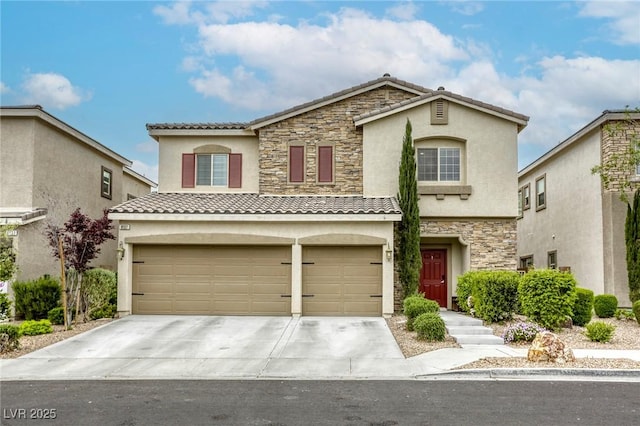 view of front facade with stucco siding, concrete driveway, stone siding, and a garage