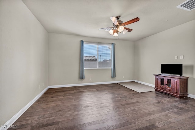 unfurnished living room with baseboards, visible vents, a ceiling fan, and dark wood-style floors