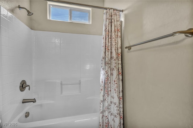 full bath featuring shower / bathtub combination with curtain