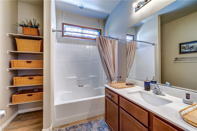 8036 Literature Ct, Las Vegas, NV 89113 - bathroom with shower / tub combo with curtain, wood finished floors, and vanity