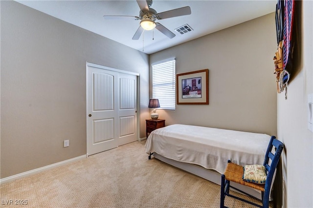 8036 Literature Ct, Las Vegas, NV 89113 - bedroom featuring visible vents, a ceiling fan, carpet floors, a closet, and baseboards