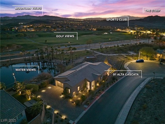 bird's eye view featuring a water and mountain view
