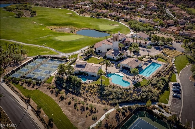 bird's eye view featuring a residential view, a water view, and golf course view