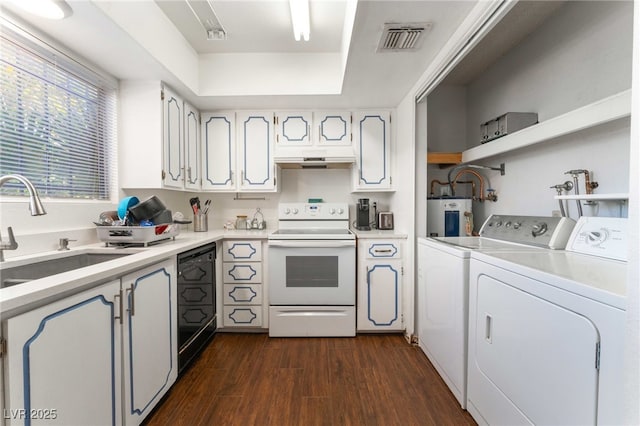 4687 Monterey Cir Unit 1, Las Vegas, NV 89169 - kitchen with water heater, dark wood finished floors, dishwasher, a sink, and white range with electric cooktop