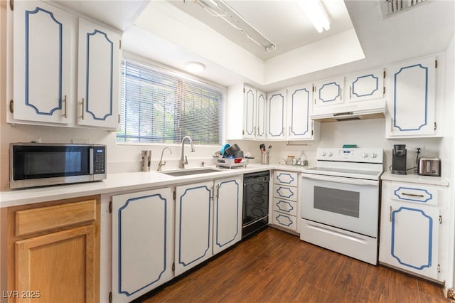 4687 Monterey Cir Unit 1, Las Vegas, NV 89169 - kitchen featuring dark wood finished floors, a sink, white electric range oven, stainless steel microwave, and black dishwasher