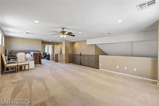 interior space with recessed lighting, carpet, visible vents, and a ceiling fan