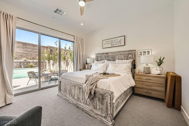 carpeted bedroom with visible vents, recessed lighting, ceiling fan, and access to exterior