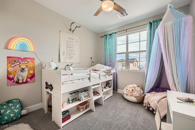 bedroom featuring carpet floors, baseboards, visible vents, and ceiling fan