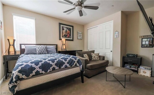 bedroom featuring carpet floors, a closet, and ceiling fan