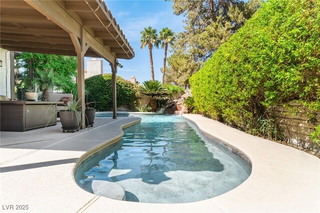 outdoor pool featuring a patio area and a fenced backyard