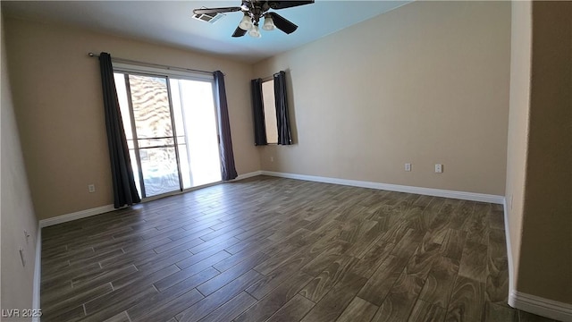 83 Rock Run St, Las Vegas, NV 89148 - empty room with ceiling fan, baseboards, visible vents, and dark wood-style floors
