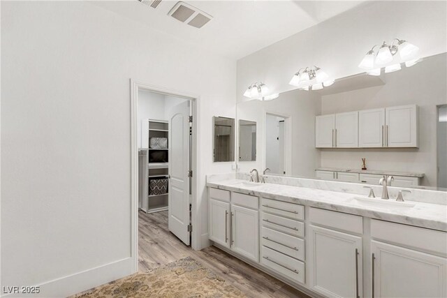 bathroom featuring visible vents, wood finished floors, double vanity, and a sink