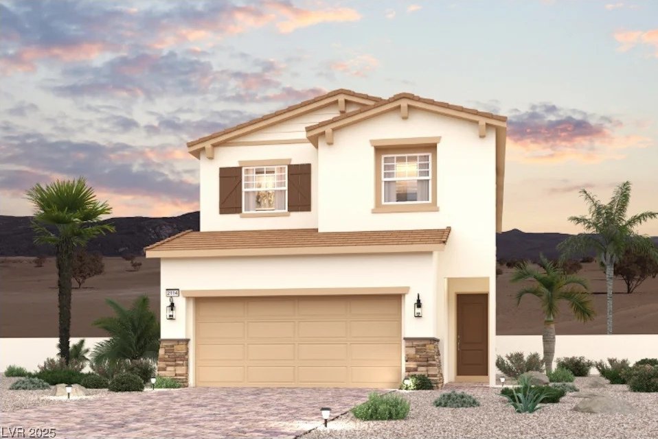 886 Arbor Spring St, Henderson, NV 89011 - view of front of home with stucco siding, an attached garage, driveway, and stone siding