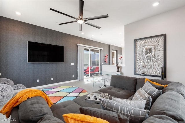 living room with baseboards, carpet, recessed lighting, wallpapered walls, and a ceiling fan