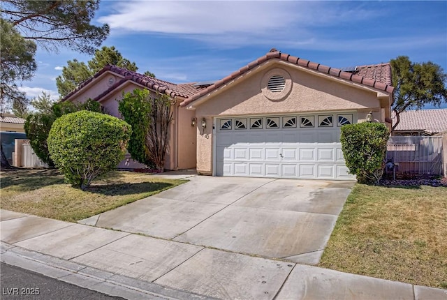 6332 Sierra Pines Ct, Las Vegas, NV 89130 - view of front of house featuring a garage, a tile roof, concrete driveway, and stucco siding