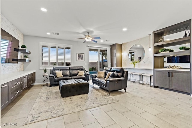 5852 Ireland Ridge Ct, Las Vegas, NV 89149 - living room featuring recessed lighting, a ceiling fan, and light tile patterned flooring