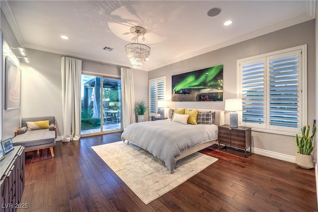 bedroom with visible vents, baseboards, dark wood-type flooring, and access to exterior