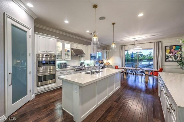 kitchen featuring stainless steel double oven, under cabinet range hood, a sink, and crown molding