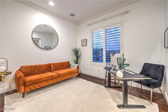 home office with wood finished floors, baseboards, recessed lighting, and ornamental molding