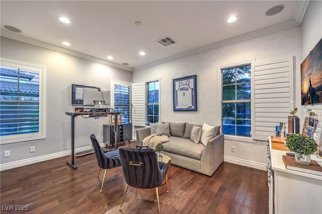 interior space with recessed lighting, visible vents, baseboards, and dark wood-style flooring